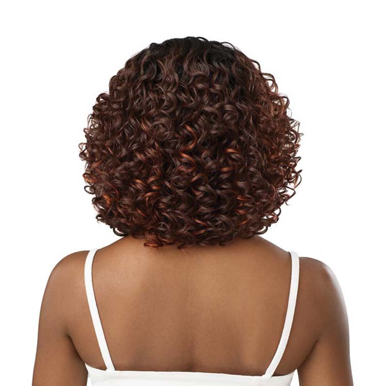 OUTRE 12 inch synthetic lace front wig curly bob in dark brown with auburn highlights shown from back