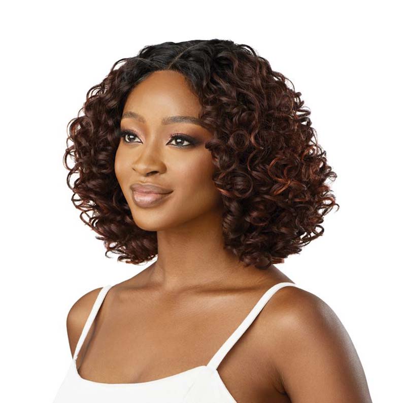 OUTRE 12 inch synthetic lace front wig curly bob in dark brown with auburn highlights natural volume