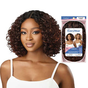 OUTRE 12 inch synthetic lace front wig curly bob on model with auburn highlights and product packaging