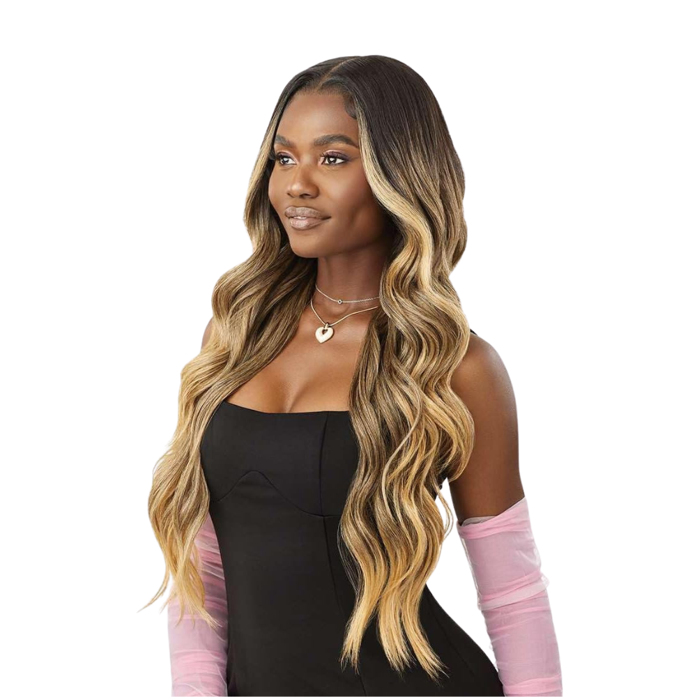 OUTRE 13x6 lace front wig long wavy honey blonde balayage with center part on model