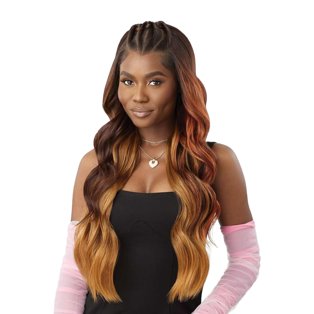 OUTRE 13x6 lace front wig long wavy ombre in brown to honey blonde with braided lace front styling