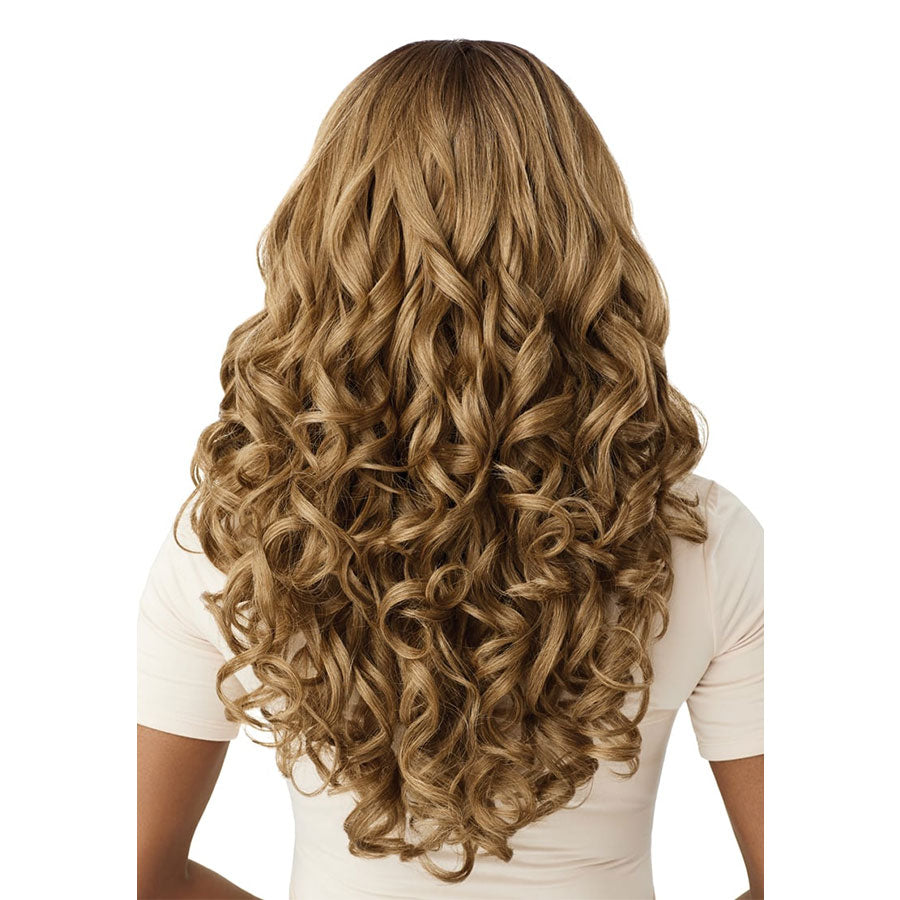 OUTRE 13x6 lace frontal synthetic wig long honey blonde spiral curls back view on model