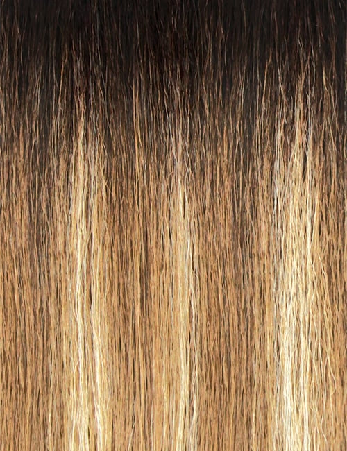 OUTRE 13x6 lace frontal synthetic wig straight ombre hair dark brown roots to honey blonde highlights close up