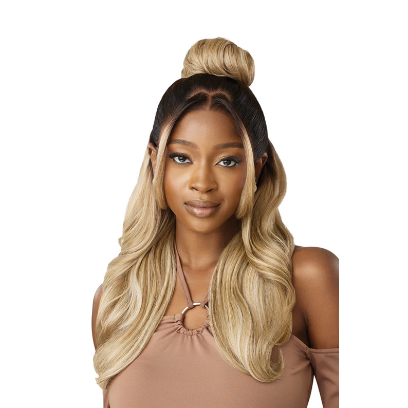 OUTRE 13x6 lace frontal wig Sierra long honey blonde ombre with center part and half up top bun