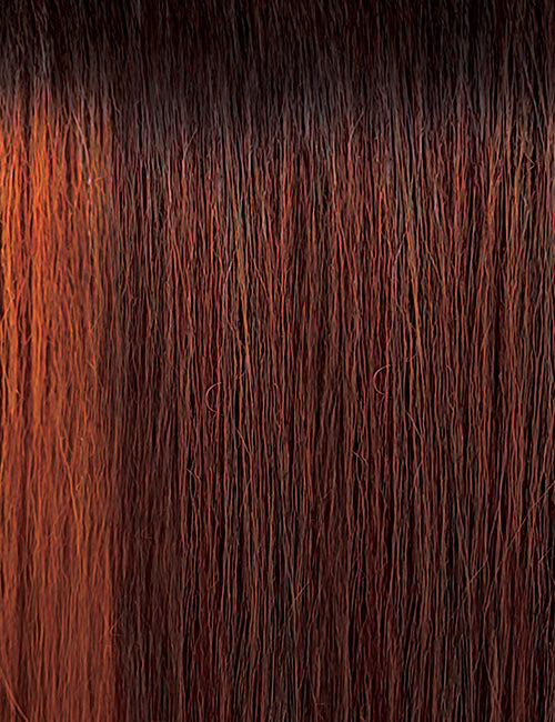 OUTRE 13x6 lace frontal wig synthetic straight auburn brown fibers closeup showing smooth silky texture