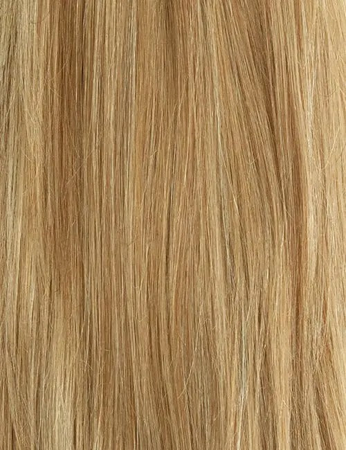 Close-up of OUTRE 20 inch ponytail extension in light blonde shade with smooth straight hair texture