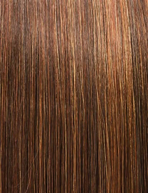 Close-up of OUTRE 20 inch ponytail extension with straight brown and copper highlighted hair strands