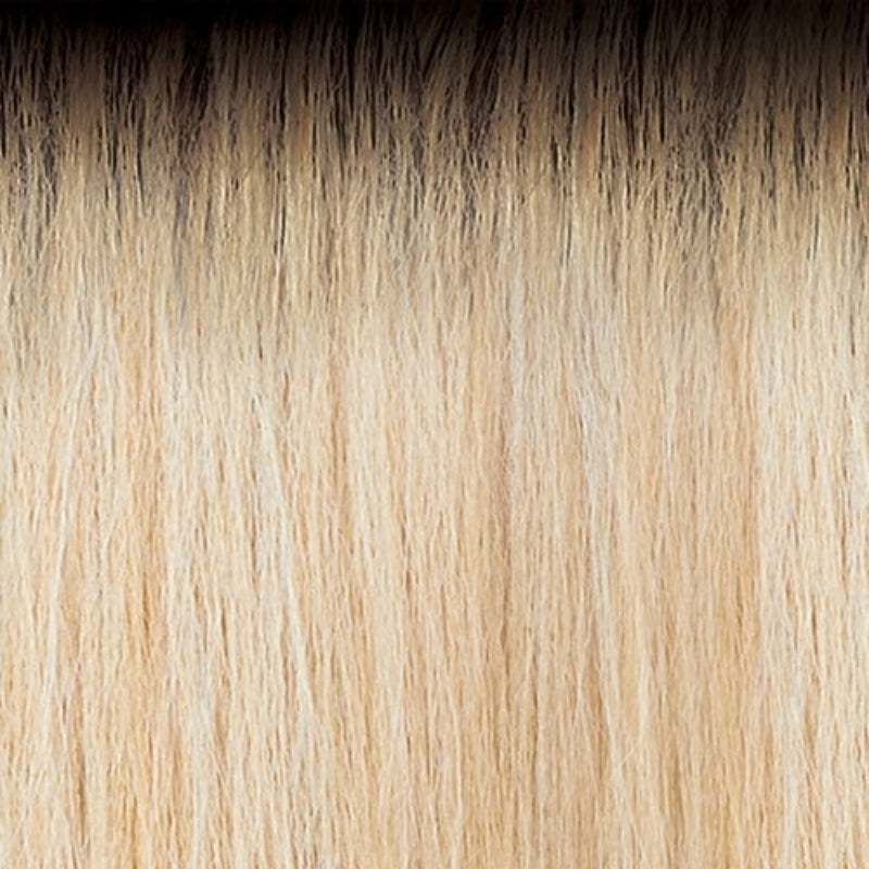 Close-up of OUTRE 22 inch lace front wig with smooth straight ombre hair from dark roots to blonde ends