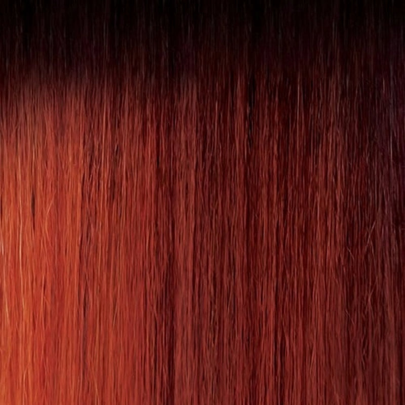 Close-up of OUTRE 22 inch lace front wig with straight ombre hair transitioning from dark brown to vibrant red