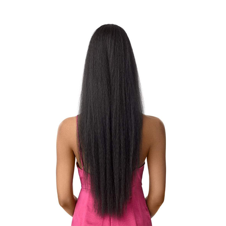 OUTRE 30 inch ponytail extension long straight black hair shown on model from back