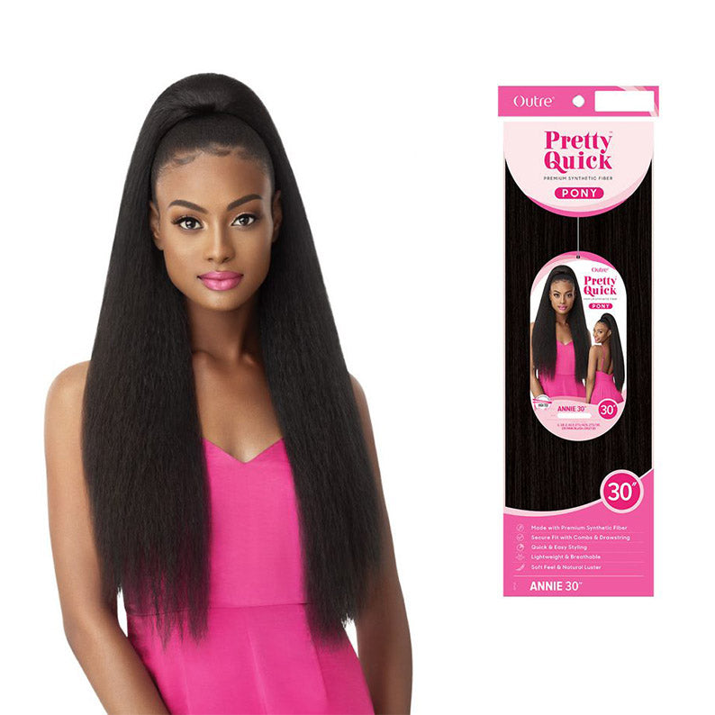 OUTRE Pretty Quick Annie model wearing 30 inch ponytail extension in natural black with long straight texture