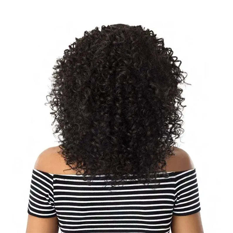 OUTRE 3B curly drawstring ponytail in natural black worn on a model from the back