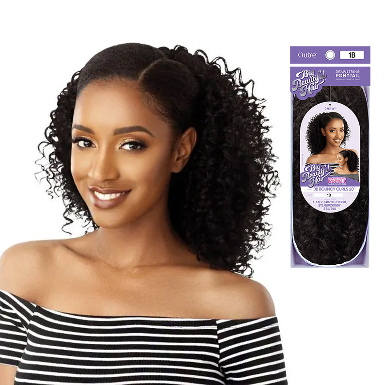 OUTRE 3B curly drawstring ponytail in 1B with tight bouncy curls styled on woman