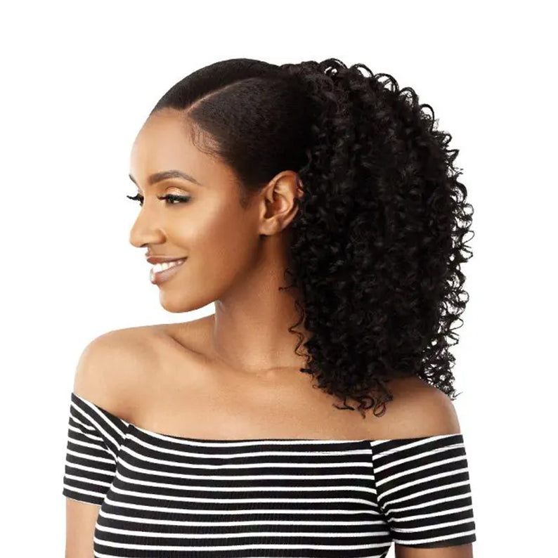 OUTRE 3B curly drawstring ponytail worn by woman with side profile in striped off-shoulder top