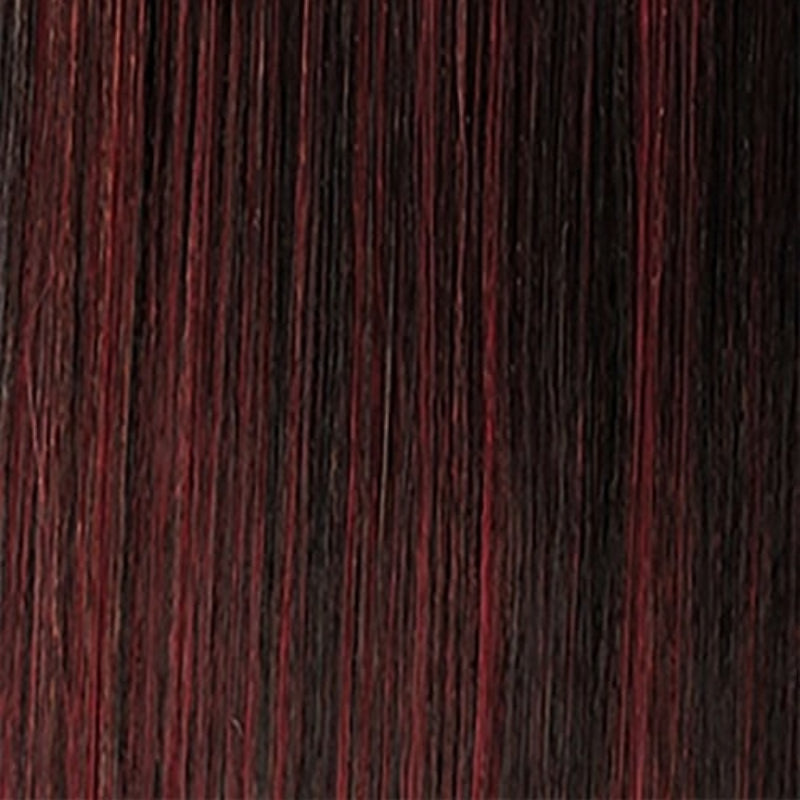 OUTRE 4A kinky curly clip in hair extensions color swatch showing straight dark brown black strands with burgundy highlights