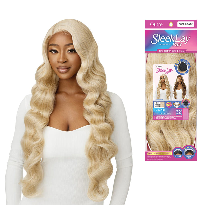 OUTRE blonde deep part lace front wig long soft waves on model with product packaging
