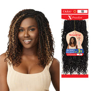 OUTRE boho box braid hair extensions in 1B color shown on woman with curly box braids and product packaging