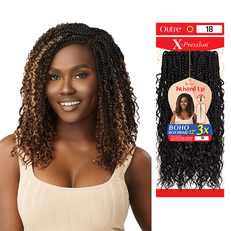 OUTRE boho box braid hair extensions in 1B color shown on woman with curly box braids and product packaging