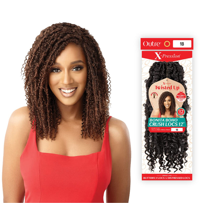 OUTRE Bonita Boho Crush Locs 12 inch braid hairstyle on model with curly textured locs in dark brown