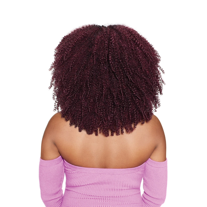 OUTRE Brazilian coily hair weave shoulder length burgundy coils on model back view for natural texture
