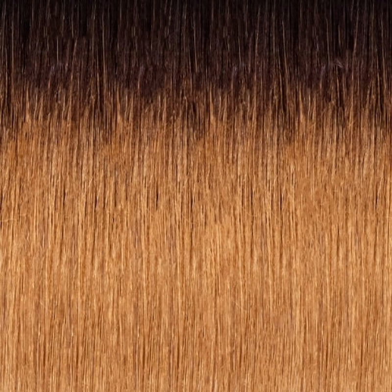 OUTRE Brazilian coily hair weave straightened ombre dark brown to caramel close up texture
