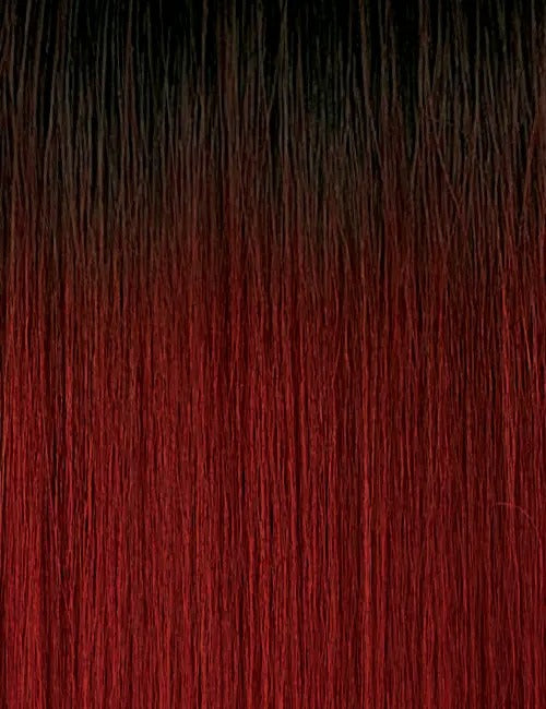 OUTRE curly ponytail hair extension in black to red ombre shown in straight texture for styling reference