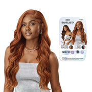OUTRE deep C part lace front wig auburn long wavy hair on model with product packaging card