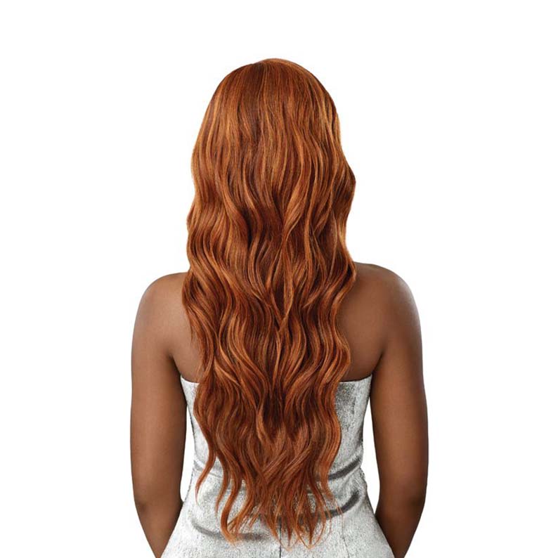 OUTRE deep C part lace front wig long wavy copper auburn hair waist length shown from back on model