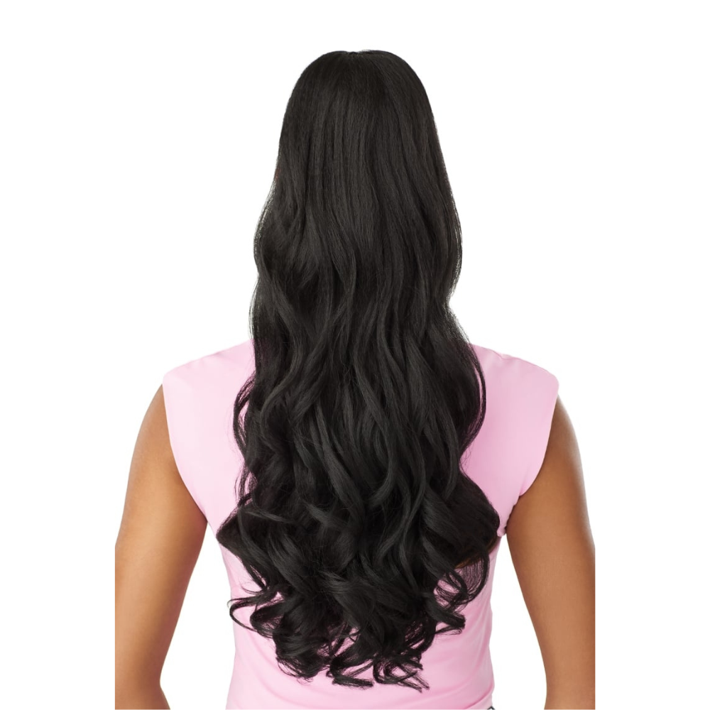 OUTRE glam curly ponytail extension long black wavy hair back view showing length and volume