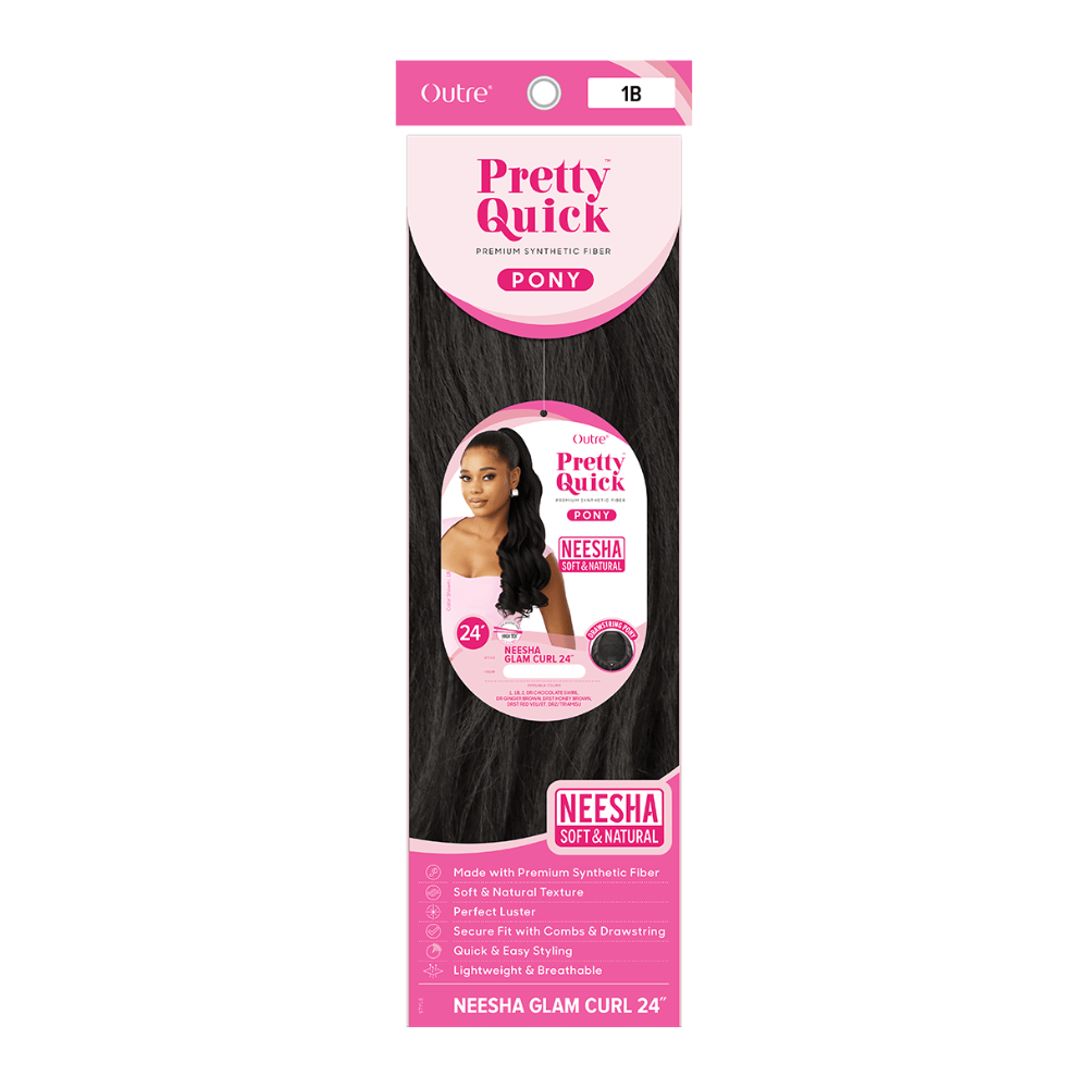 OUTRE Pretty Quick Neesha Glam Curl 24 inch 1B packaging showing model wearing glam curly ponytail extension