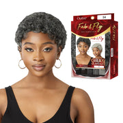 OUTRE gray human hair wig short curly pixie style shown on model with packaging box Gray Glamour