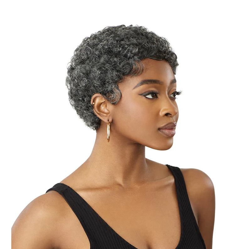 OUTRE gray human hair wig short curly pixie style on model with tapered sides and natural baby hairs