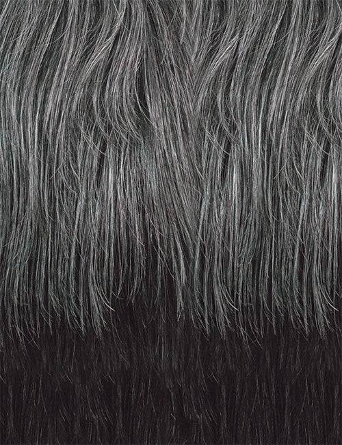 OUTRE gray human hair wig for women showing close up straight layered gray to black natural strands