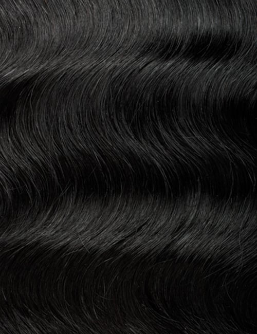 OUTRE wig deep black wavy hair texture closeup showing detail, gray human hair wig for women available