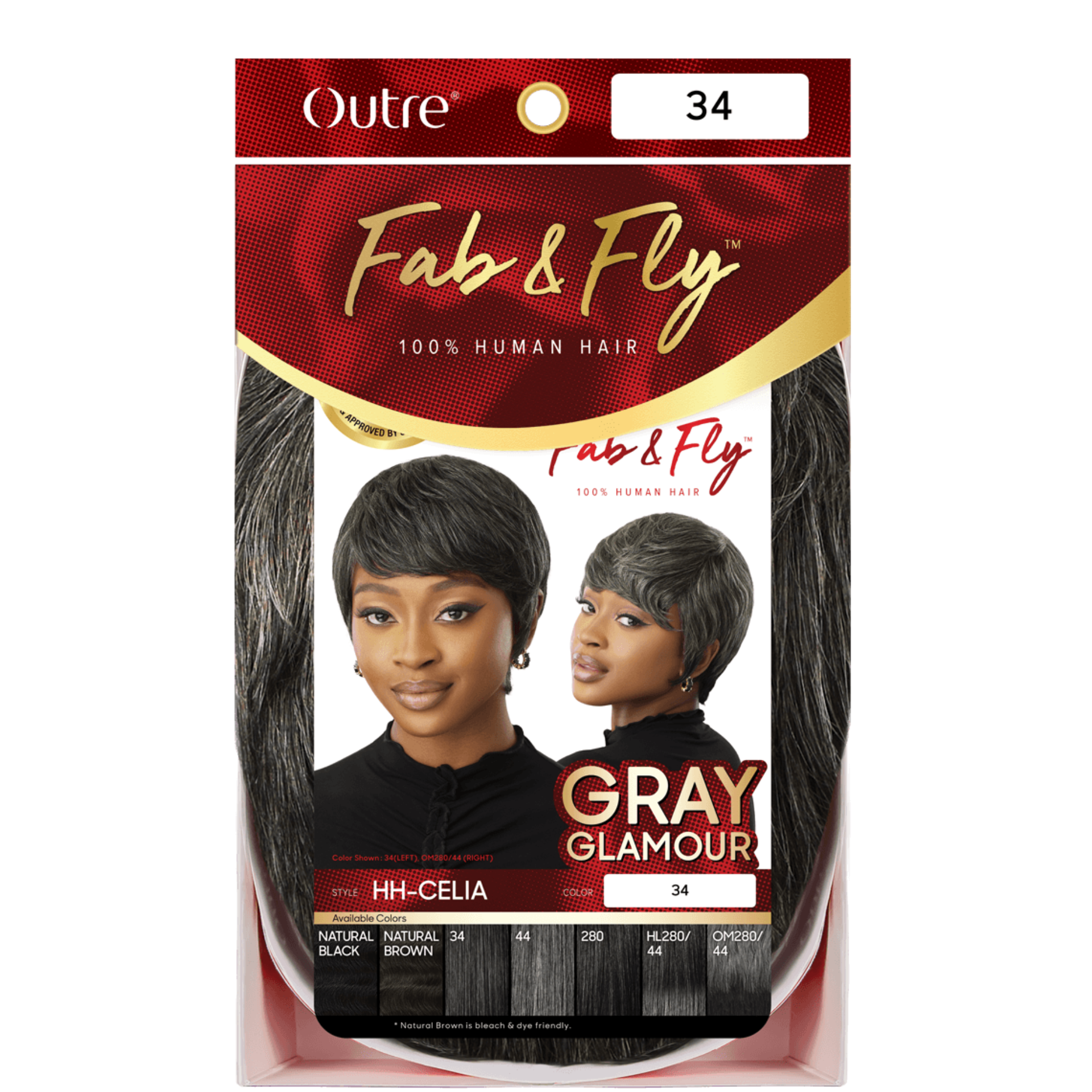OUTRE Fab and Fly short gray pixie wig packaging showing two models gray human hair wig for women 100 percent human hair