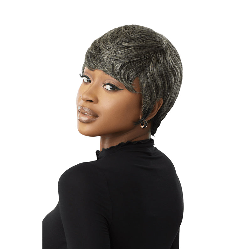 OUTRE gray human hair wig for women pixie cut with textured waves and natural hairline on model