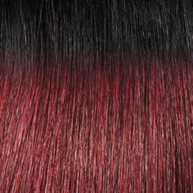 OUTRE kinky curly hair extensions in black to burgundy ombre showing textured color transition