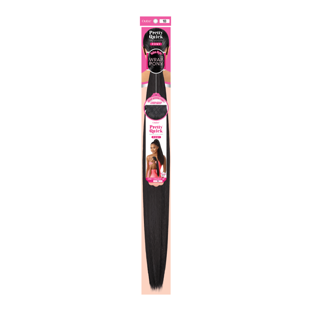OUTRE Pretty Quick long black kinky straight ponytail extension in packaging showing straight wrap ponytail