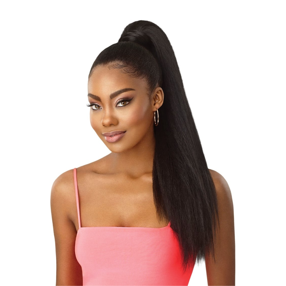 OUTRE kinky straight ponytail extension shown on model in high sleek textured long ponytail