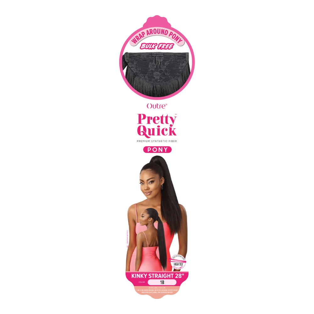 OUTRE Pretty Quick wrap around kinky straight ponytail extension 28 inch on model in natural black