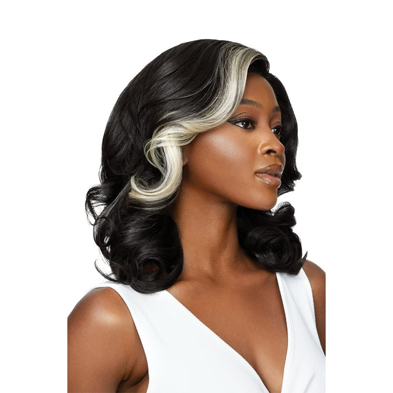 OUTRE lace front synthetic wig 14 inch black wavy with blonde front streak and side part on model
