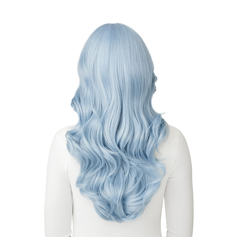 OUTRE pastel blue long wavy lace front synthetic wig shown from back on mannequin torso
