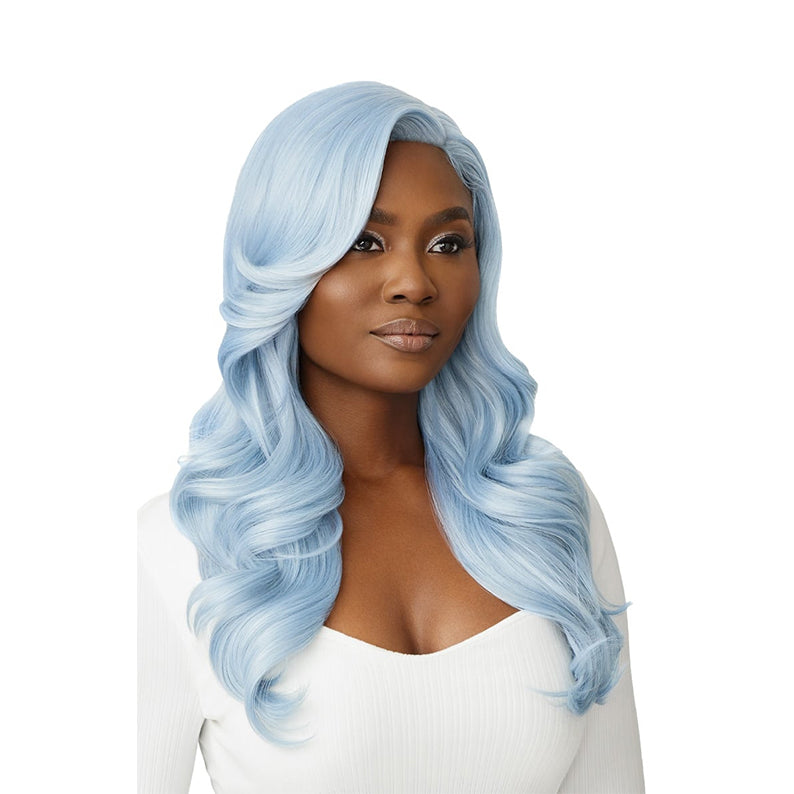 OUTRE lace front synthetic wig pastel blue long flowing waves with deep side part for glam styling