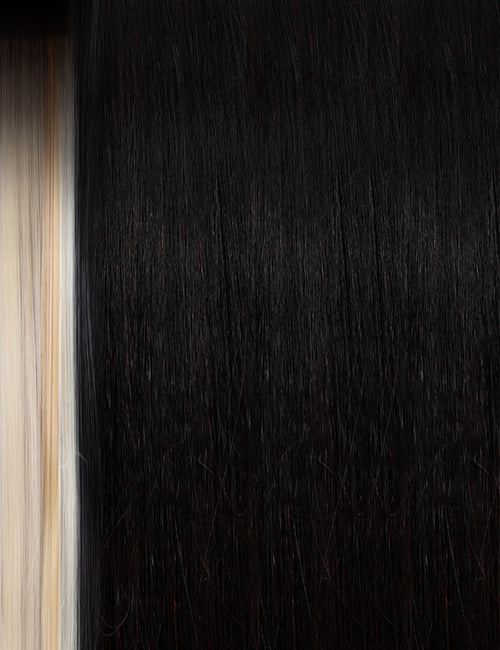 OUTRE lace front synthetic wig straight jet black with blonde highlight close up showing smooth silky texture