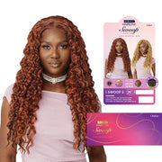 OUTRE lace frontal wig with swoop bangs long copper deep wave on model with product packaging