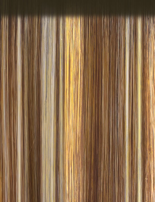 OUTRE Malina 18 inch synthetic wig. Straight silky brown wig with honey blonde highlights closeup texture