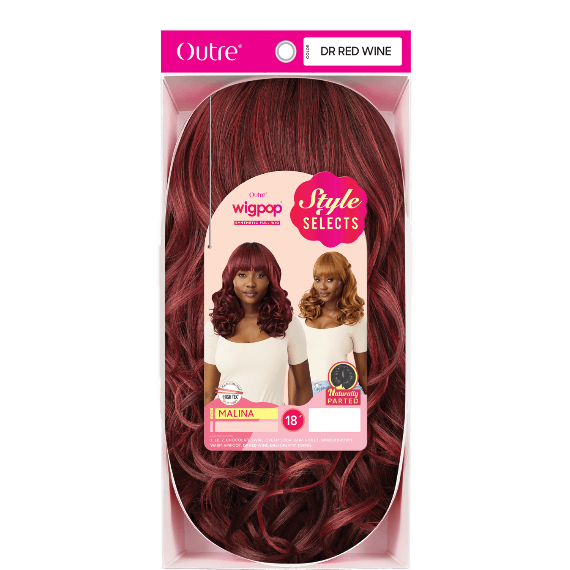 OUTRE Malina 18 inch synthetic wig in Dr Red Wine long wavy curls in retail packaging with style images