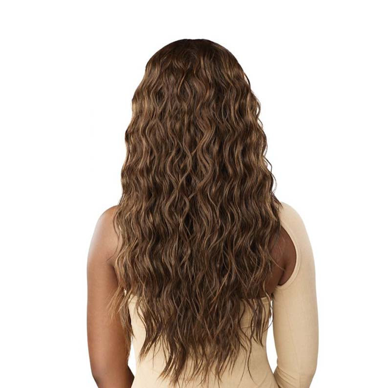 OUTRE long wavy brown wig with subtle highlights shown from back melted hairline front wig natural look