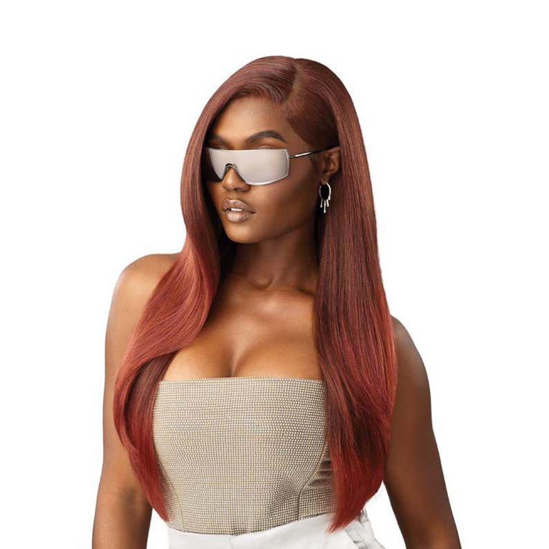 OUTRE Melted Hairline lace front wig 26 inch. Copper red straight long style on model with deep side part and sunglasses