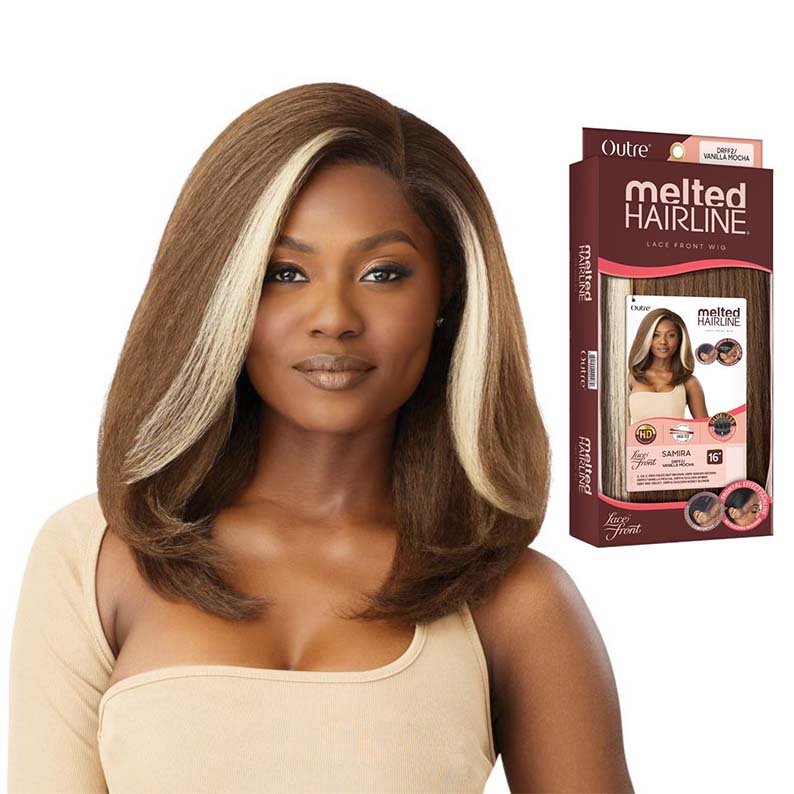 Outre melted hairline lace front wig medium brown shoulder length with blonde face framing highlights and side part